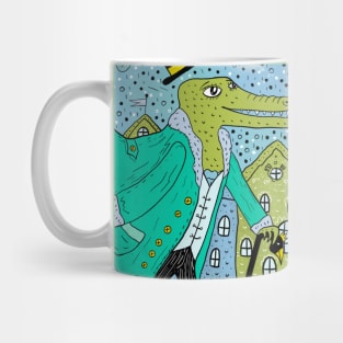 Cute green crocodile character in black top hat and tie Mug